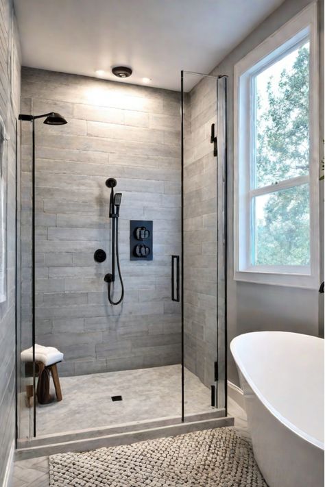 Diagram of master bath shower installation components Master Shower Bath Combo, Dream Bathroom Master Baths, Shower Makeover, Bathtub Shower Combo, Master Baths, Master Bath Shower, Bathroom Master, Window In Shower, Shower Glass