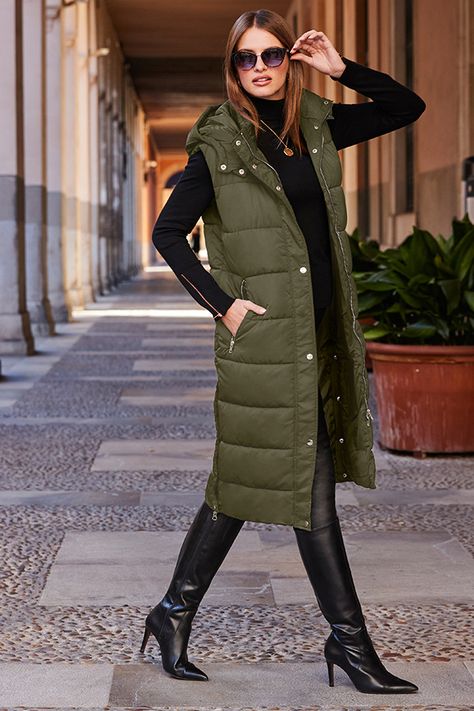 Model is 5'7 and wears a UK size 8 Product composition: 100% Polyester | Lining: 100% PolyesterProduct length: 107cmProduct code: A21OW075GN0002Care information: Dry Clean Only Hooded Gilet, Women's Coats And Jackets, Casual Jackets, Coats And Jackets, Women's Coats, Khaki Green, Casual Jacket, Look Cool, Coats Jackets Women