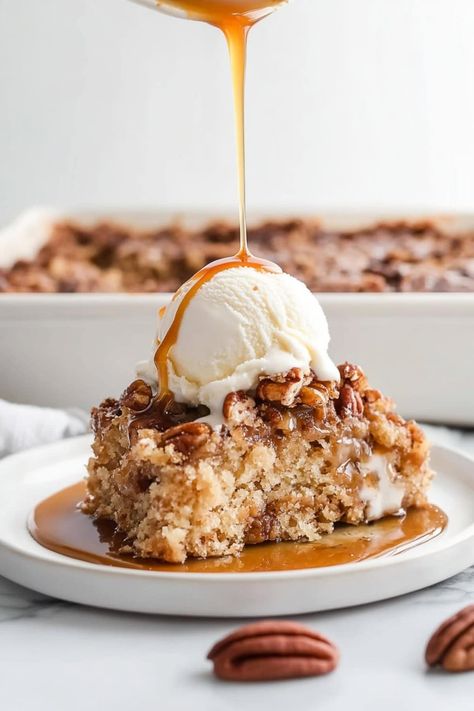 Pecan Dump Cake - Insanely Good Pecan Dump Cake Recipes Easy Desserts, Pecan Pie Dump Cake Recipes, Pecan Dump Cake Recipes, Pecan Pie Dump Cake, Christmas Dump Cake, Pecan Dump Cake, Quick Desserts Easy, Cinnamon Pecans, Spice Cake Mix