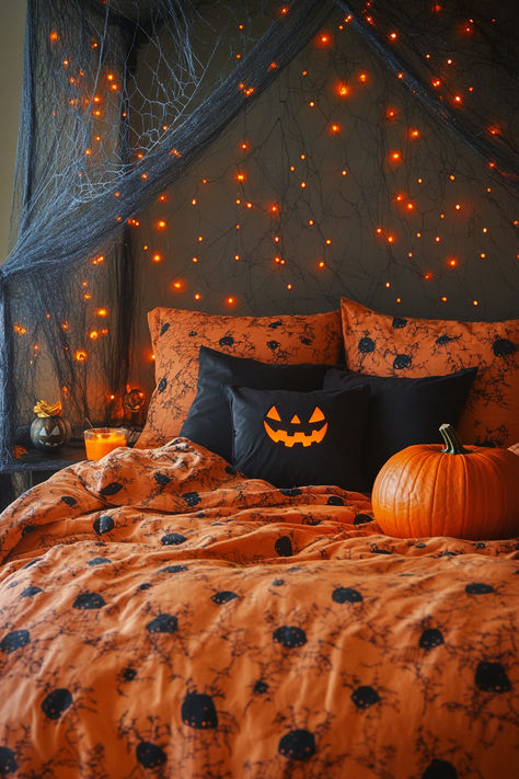 Transform your home into a Halloween wonderland with these 35+ spooktacular decoration ideas. From eerie lights to haunted accents, create a hauntingly beautiful space for the spooky season. 🌟✨ #HalloweenDecor #Spooktacular #HauntedHome #HalloweenIdeas Halloween Asethic Room, Halloween Bedroom Lights, Fall Halloween Room Aesthetic, Orange Lights Halloween Decor, Halloween Themed Bedroom, Halloween Bed Comforter, Tombstone Diy, Halloween Bedroom Decor, Classy Halloween Decor