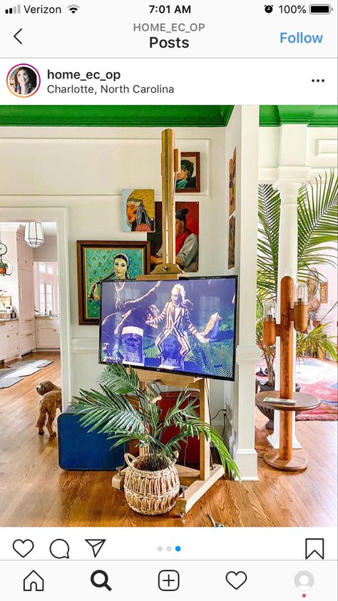 Tv Not Against Wall, Art Wall Around Tv, Tv Wall Decor Maximalist, Samsung Frame Tv On Easel, Tv On Easel Living Rooms, Frame Tv On Easel, Art Behind Tv, Tv In Easel, Samsung Frame Tv Easel