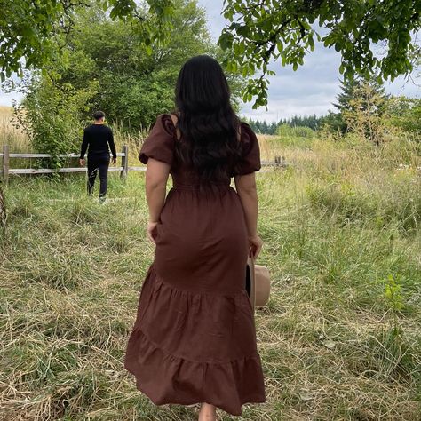 Dark Brown Midi Dress, Brown Fall Dresses, Dark Brown Wedding Guest Dress, Brown Summer Dress Outfit, Brown Dress Engagement Photos, Brown Cottagecore Dress, Fall Church Dresses, Long Brown Dress Outfit, Brown Midi Dress Outfit