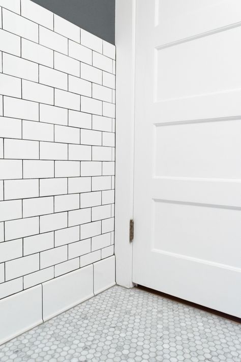 Offset Tile Pattern, Old House Charm, Bathroom Baseboard, Tile In The Bathroom, Historic Bungalow, Tile Baseboard, Ada Bathroom, Subway Tiles Bathroom, New House Bathroom