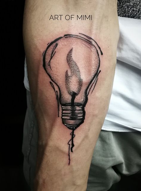 Work by Art of Mimi #illustration #tattoodesign #lightbulb #lightbulbtattoo #flame #dotwork #artofmimi Theatre Tattoos, Light Bulb Tattoo, Theatre Tattoo, Crown Stencil, Lightbulb Tattoo, Light Bulb Drawing, Best Neck Tattoos, Candle Tattoo, Flame Tattoos