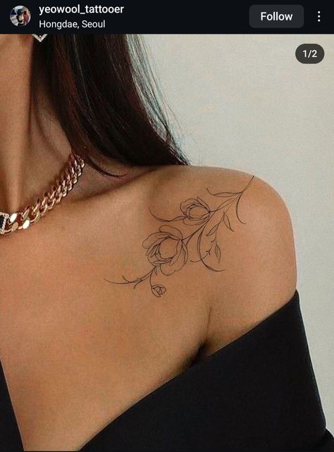 Single Rose Shoulder Tattoo, Flower Wrap Around Tattoo Shoulder, Female Back Shoulder Tattoos, Flower Collarbone Tattoos For Women, Daffodil Tattoo Shoulder, Vine Tattoos Collar Bone, Small Flower Shoulder Tattoo, Tattoo Ideas Female Upper Thigh, Shoulder Bone Tattoos For Women