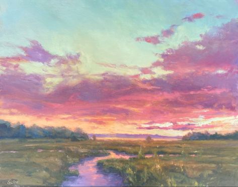 #oilpaintings #sunset #landscape #landscapepainter Pink Landscape Painting, Pink Painting Landscape, Pink Landscape Painting Acrylic, Pink Sky Landscape Painting, Sunset Painting Impressionism, Pink Beach Sunset Painting, Pink Gallery Wall, Pink Purple And Blue Sunset Painting, Newbury Street Boston