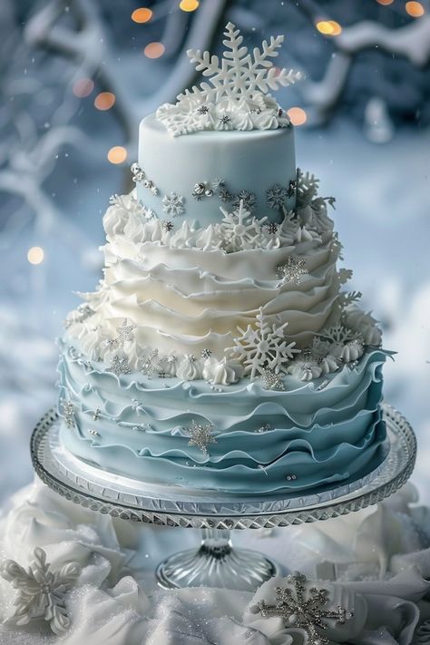 Icy Blue Charm: A Winter Wonderland Birthday Cake Sweet 16 Party Ideas Winter Theme, Winter Sweet 16 Ideas Birthdays, Snow Cake Design, Disney 18th Birthday Cake, Snowflake Quinceanera Theme, Winter Wonderland Graduation Party, Ice Queen Birthday Party, Ice Princess Birthday Theme, 18th Birthday Winter Party Ideas