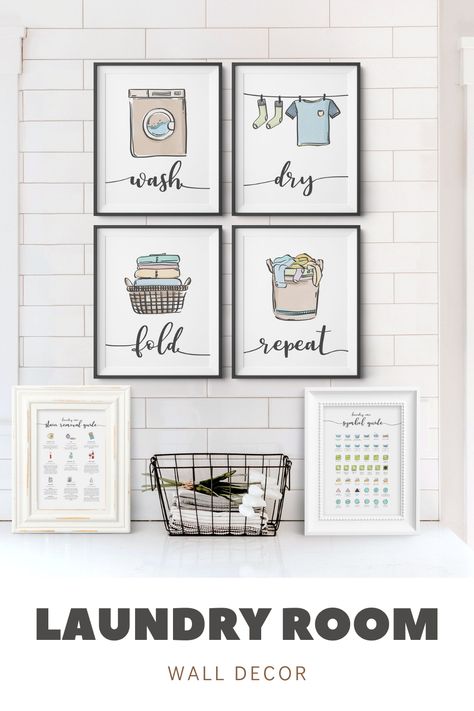 Wash Dry Fold Repeat illustrations in black frames hanging on a wall. Plus Symbols Guide and Stain Removal Guide illustrations in white frames standing on a counter. Laundry Room Accent Wall, Colorful Laundry Room, Stylish Farmhouse, Wash Dry Fold Repeat, Stain Removal Guide, Laundry Room Colors, Laundry Room Wall, Laundry Wall Art, Laundry Room Wall Decor