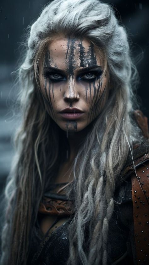 Shield Maiden Cosplay, Viking Warrior Face Paint, Viking Witch Art, Viking Costumes Female, Female Viking Makeup, Viking Women Costume, Nordic Warrior Woman, Viking Women Makeup, Blonde Viking Woman