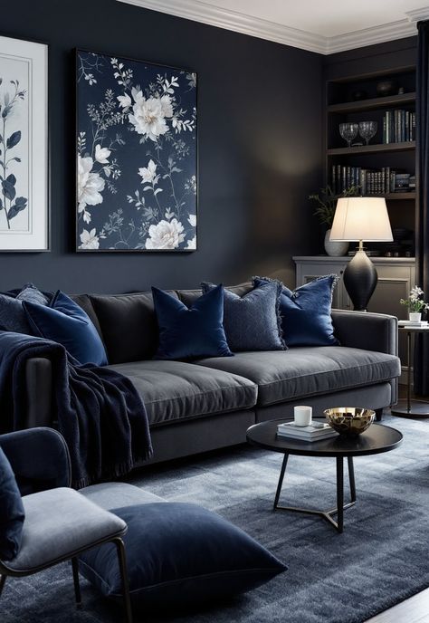 Dark Grey Couch Living Room Dark Grey And Navy Living Room, Navy Decor Ideas, Grey Couch Living Room Ideas, Dark Grey Couch, Navy Rugs, Dark Grey Couch Living Room, Dark Grey Couches, Couch Living Room Ideas, Dark Gray Sofa