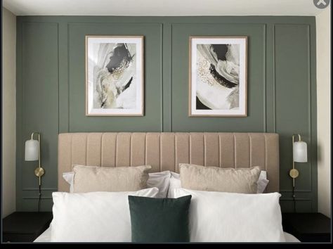 Living Room Panelling, Feature Wall Bedroom, Sage Green Bedroom, Loft Bedroom, Wall Panels Bedroom, Bedroom Wall Colors, Wall Lights Bedroom, Bedroom Panel, 아파트 인테리어