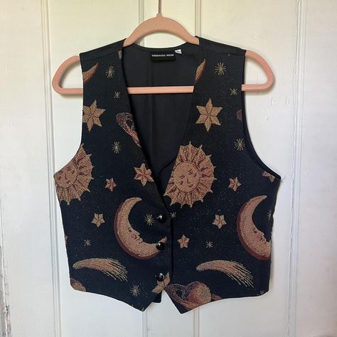 vintage celestial print vest. gorgeous sparkly sun... - Depop Celestial Clothes Aesthetic, Celestial Print Clothing, Magiccore Outfit, Queer Homecoming Outfits, Whimsigoth Vest Outfit, Celestial Core Outfits, Moon And Sun Outfit, Sun Outfit Aesthetic, Masc Whimsigoth Outfits