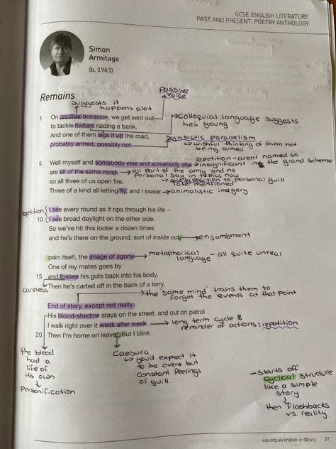 Remains Poem Annotations, Remains Annotations, Remains Simon Armitage, Remains Poem Analysis, Byron Poetry, Simon Armitage, Gcse Poems, Poem Analysis, English Literature Notes