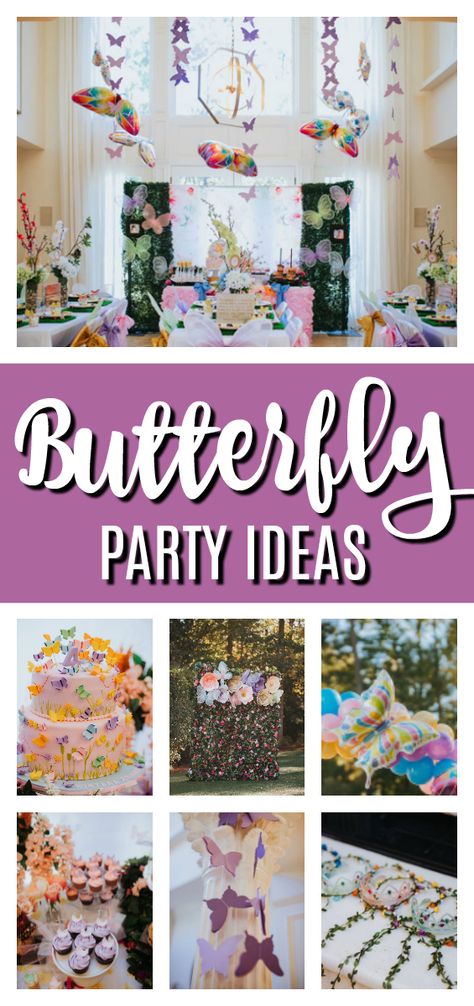 Whimsical Butterfly Birthday Party on Pretty My Party #prettymyparty #butterflypartyideas #butterflyparty #butterflybirthday #butterflytheme Butterfly Themed Birthday Party Food, Butterflies And Rainbows Birthday, Butterfly Party Decorations Centerpieces, Three Year Old Butterfly Party, Butterfly Second Birthday Party, Adult Butterfly Party Theme, Butterfly Kisses Birthday Party, Butterfly 3rd Birthday Party, Butterfly Themed First Birthday Party