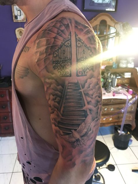 Religious Shoulder Tattoo Men, Stairway To Heaven Tattoo Shoulder, Shoulder Tattoo Men Clouds, Stair Way To Heaven Tattoo, Only The Strong Survive Tattoo For Men, Best Shoulder Tattoos Men, Forearm Tattoo Men Sleeve Clouds, Stairs Tattoo, Stairs To Heaven Tattoo