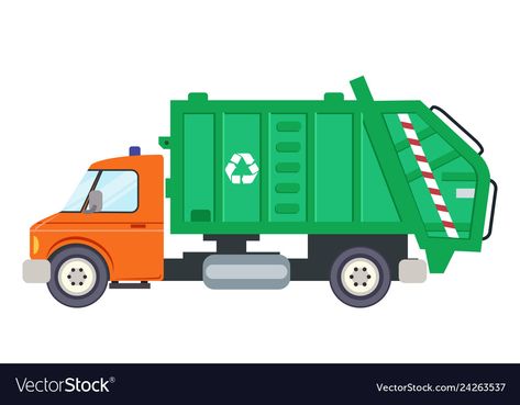 Garbage Truck Illustration, Coloring Template, Automobile Design, Rubbish Truck, Truck Icon, Happy Learning, Preschool Activities Toddler, Car Vector, Flat Vector Illustration