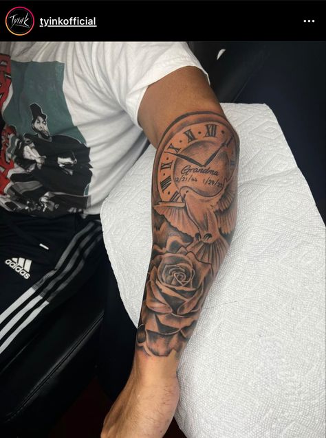 Men’s Tattoo Half Sleeve, Rip Tattoos For Men Shoulder, Mom Dedication Tattoos For Men, Forarm Tattoos Top, Unshaded Tattoo, Forearm Tattoo Men Sleeve God, Forearm Sleeves For Men, Men Tattoo Ideas Family, Sleeve Inspo Tattoo Men