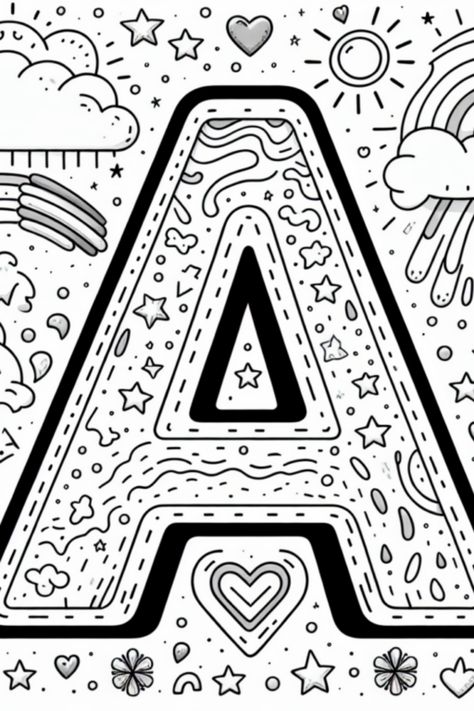 Discover the magic of coloring with our super fun Letter A design! This coloring page features a giant letter A surrounded by fluffy clouds, shining rainbows, and cheerful flowers inviting creativity. Perfect for kids and adults alike, this fun coloring sheet sparks colors and imagination as you fill in every detail. Unleash your inner artist and let your creativity fly while enjoying these colorful adventures. Perfect for classroom activities or family fun time, it's guaranteed to bring smiles! Letter A Design, Letter A Coloring Pages, Giant Letters, A Coloring Page, The Letter A, Fluffy Clouds, Doodle Coloring, Alphabet Coloring Pages, Relaxing Activities