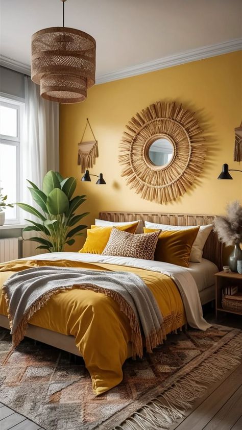 Master Bedrooms Decor Yellow, Dark Yellow Accent Wall, House Design Themes, Dorm Room Color Ideas, Yellow Comforter Bedroom Ideas, Gold Walls Bedroom, Warm Colors For Bedroom, Yellow Gold Bedroom, Yellow And Brown Bedroom