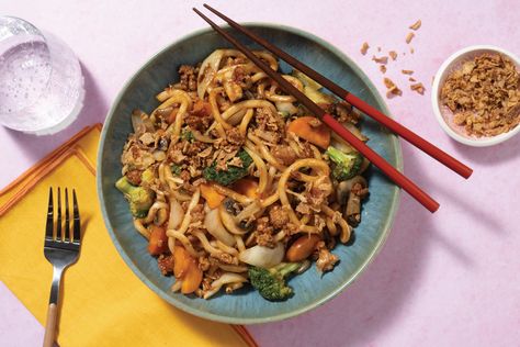 Pork Udon, Pork Mushroom, Udon Noodle, Crispy Shallots, Udon Noodles, Mushroom And Onions, Cooked Veggies, Hello Fresh, Teriyaki Sauce