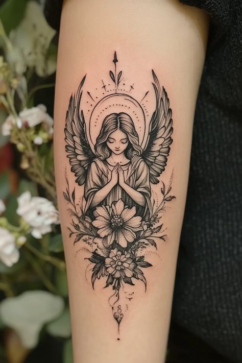 Garden Angel Tattoo, Guardian Angel Tattoo For Women, Michael Archangel Tattoo, Angel Tattoo Arm, Beautiful Angel Tattoos, Angel Tattoo For Women, Guardian Angel Tattoo Designs, Guardian Angel Tattoo, Tattoo Mini