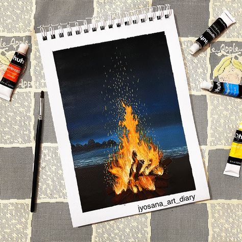 Bonfire Watercolor, Bonfire Painting, Fire Drawing, Fire Painting, Acrylic Ideas, Cd Art, Love Ideas, Bonfire Night, Night Painting