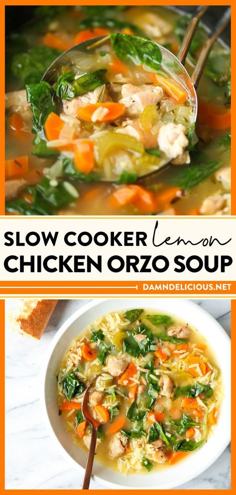 An easy dinner recipe in the crockpot! There's nothing like a bowl of this lemon chicken soup. With all the hearty veggies, this slow cooker lemon orzo soup is the best kind of comfort food! Ww Chicken Orzo Soup, Orzo Crockpot Soup, Chicken Soup With Orzo Recipes, Lemon Crockpot Recipes, Orzo In Crockpot, Lemon Ginger Orzo Soup, Crock Pot Lemon Chicken Orzo Soup, Crockpot Recipes Chicken Soup, Chicken Veggie Orzo Soup