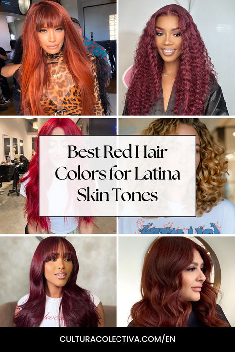 Discover the Perfect Red Hair Colors for Latina skin tones! From copper to burgundy, find your ideal shade and glow! Hair Color For Mexican Skin Tone, Red Hair For Latinas, Red Hair Olive Skin Tone, Red Hair On Tan Skin, Red Hair Olive Skin, Redish Brown Hair, Perfect Red Hair, Red Hair Colors, Light Red Hair