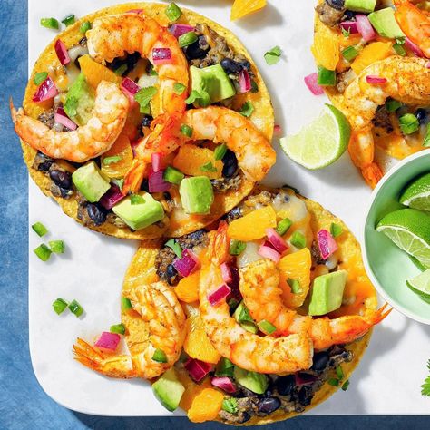 Shrimp Tostadas with Avocado Salsa Lenten Meals, Low Cal Dinner, Shrimp Tostadas, Lime Shrimp Recipes, Low Calorie Meals, Low Calorie Recipes Dinner, Chili Lime Shrimp, Seafood Meals, Crepes Recipe