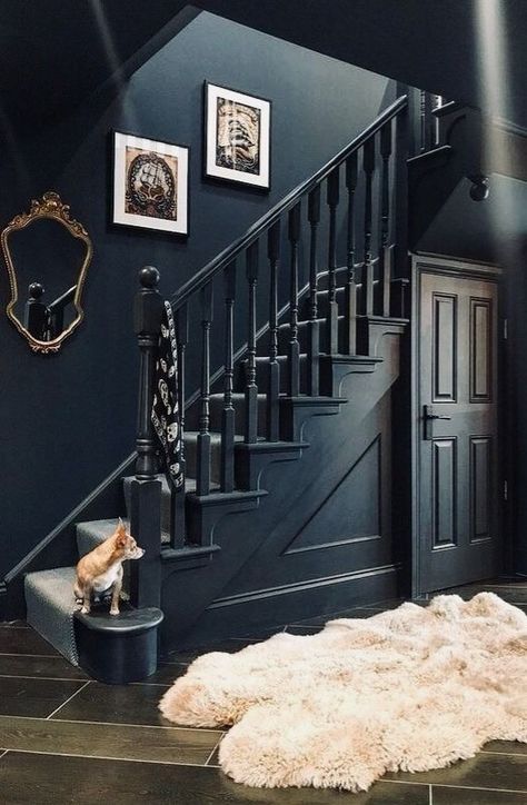 Staircase Entrance Ideas, Dark Blue Hallway And Stairs, Black Staircase With Wallpaper, Black Victorian Staircase, Dark Painted Staircase Walls, Black Walls Staircase, Black Wall Staircase, Goth Staircase, Dark Blue Stairs