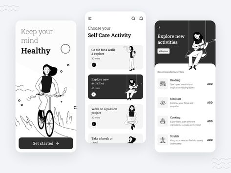 Self Care App by Yugal Mahajan for Nickelfox on Dribbble Simple App Design, Lifestyle App, Wellness App Design, Minimalistic App Design, Wellness App, Yoga App Design, Onboarding App Design, Meditation App Design, Mental Health App Ux Design