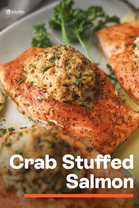 Seafood Stuffed Fish, Lump Crab Dinner Recipes, Salmon Recipes Stuffed, Beef Tenderloin Stuffed With Crab, Stuffed Salmon Recipes Baked Crab Meat, Cedar Plank Crab Stuffed Salmon, Fish Stuffed With Crab Meat, Crab Stuffed Salmon With Cream Sauce, Salmon Topped With Crab Meat