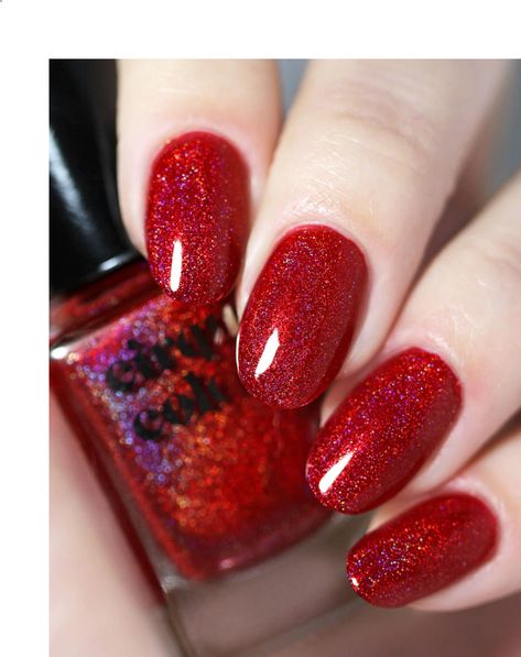 Dark Red Sparkly Nails, Red Sparkly Nails, Red Glitter Nail Polish, Red Holographic, Classy Nail Art Ideas, Red Nails Glitter, Cirque Colors, Glittery Nails, Ulzzang Makeup