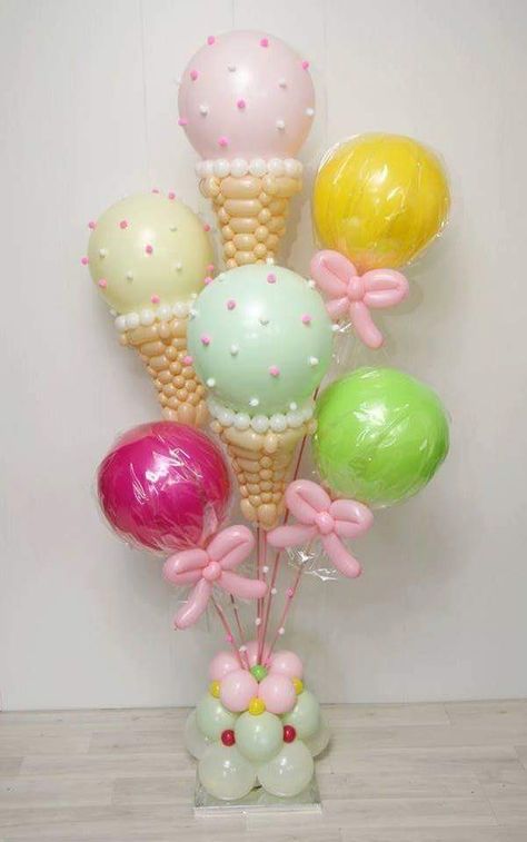 Candy Balloon Bouquet, Ice Cream Balloon Centerpiece, Ice Cream Balloon Bouquet, Ice Cream Balloon Column, Diy Balloon Ice Cream Cone, Balloon Ice Cream, I’ve Cream Balloon Garland, Ice Cream Birthday Party Theme, Candy Land Christmas Door