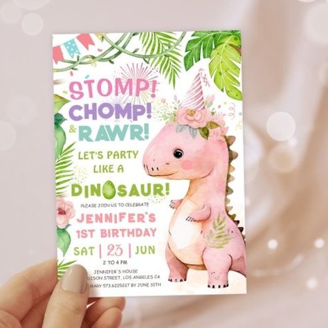 Cute Dinosaur Birthday Invitations & Invitation Templates | Zazzle Dino Invitation, Pink Dinosaur Party, 6th Birthday Girls, Dinosaur Party Invitations, Birthday Party Pink, Girl Dinosaur Birthday, Dinosaur Birthday Invitations, Pink Dinosaur, 9th Birthday Parties