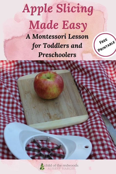 FREE lesson plan for doing Apple slicing at home, the Montessori Way! You'll love this fine motor strengthening activity, and your child will be so excited to feed themselves. Montessori Kitchen, Kids Mess, Apple Slicer, Montessori Printables, Apple Snacks, Practical Life Activities, Apple Cut, Montessori Lessons, Apple Activities