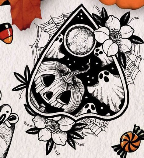 Black And White Gothic Tattoos, Spooky Tattoo Drawings, Witchy Halloween Tattoos, Halloween Planchette Tattoo, Halloween Tattoo Designs Drawings, Creepy Pumpkin Tattoo, Witchy Cover Up Tattoos, Samhain Drawing, Witchy Mother Daughter Tattoos