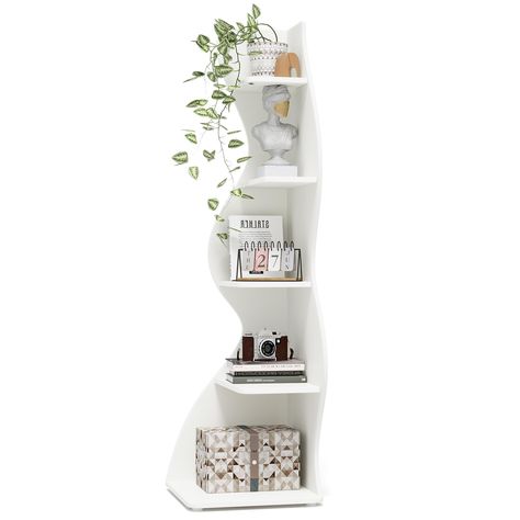 PRICES MAY VARY. Sophisticated Design: The 5-tiered shelving unit's stylish and unique sea-grass inspired design makes it an eye-catching piece of furniture. Its all-white finish fits perfectly with any decor style and adds an elegant touch to your home or office. It's chic and sophisticated, complementing both modern and classic settings with ease. Robust Construction: Crafted from durable high-quality board material, this shelving unit is built to withstand daily wear and tear. Its sturdy cons Bedroom Storage Shelf Ideas, Bedroom Small Corner Ideas, Apartment Friendly Shelves, Bedroom Corner Shelves, Small Book Shelves, Corner Room Decor, Shelves Room Decor, Shelf For Room, Bookshelf Small Space