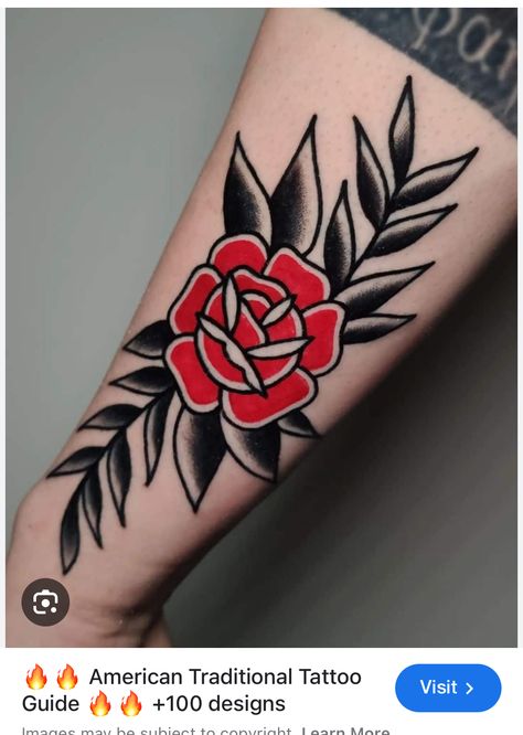 Traditional Red Flower Tattoo, Trad Roses Tattoo, Feminine American Traditional Tattoos Leg, Old School Roses Tattoo, Old School Flowers Tattoo, American Trad Rose, Traditional Tattoos Rose, Traditional Rose Tattoo Black, Pink Traditional Tattoo