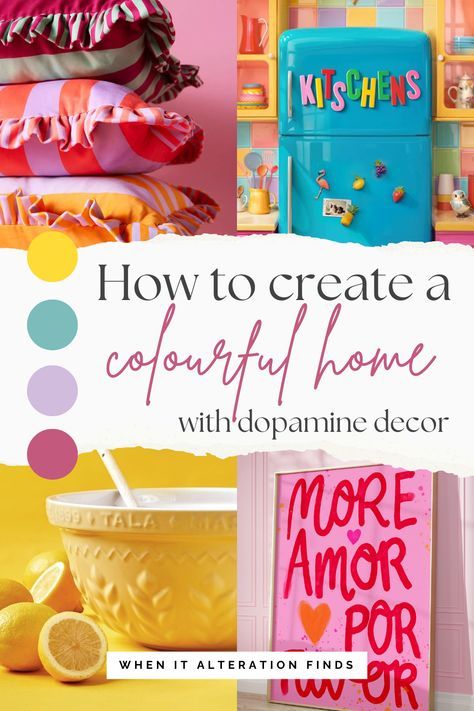 Create a colourful home with the dopamine decor trend. Add bright colour, bold pattern, retro vibes, funky prints and fun accessories to create a warm, welcoming and feel-good home. Vibrant Color Home Decor, Maximalist Decor On A Budget, Bright Kitchen Accessories, Vibrant Minimalist Decor, Fun Colorful Home Decor, Quirky House Interiors, Colored Glass Display, Dopamine Kitchen Decor, Dopamine Decor Aesthetic