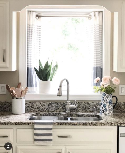 Kitchen updated with awning window and added a small bump out, around 12 inches. This allows for curtains and small decor or herbs by the window and away from the sink. #kitchen #kitchenideas #homedecorideas #homedesign #interiordesign #interiors #homedecor Over The Sink Window Curtains, Curtains Over Kitchen Sink Window, Small Kitchen Window Treatments Over Sink, Kitchen Window Ideas Over Sink Curtain, Curtain For Kitchen Window, Kitchen Window Treatments Over Sink Farmhouse, Sink Window Decor, Kitchen Sink Window Curtains, Kitchen Sink Window Decor