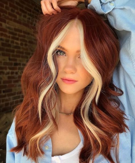 Ginger Hair with Blonde Money Piece Red And Blonde Halo Hair, Red Hair With White Highlights, Strawberry Blonde With Money Piece, Bright Copper Hair, Dark Ginger Hair, Ginger Hair Dyed, 2024 Haircuts, Demon Prince, Red Hair With Blonde Highlights