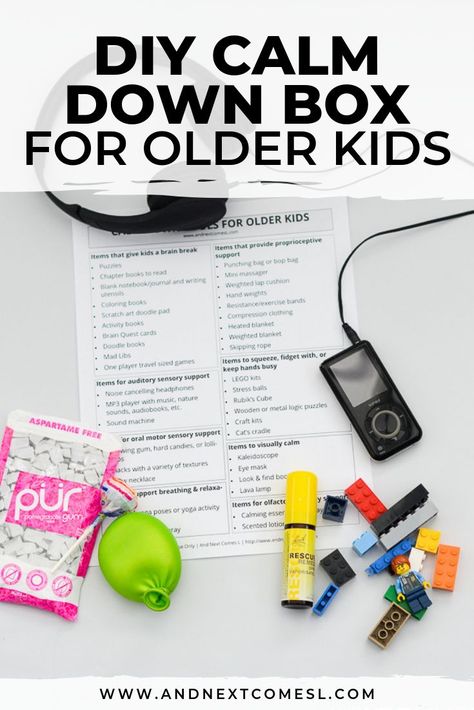 Finally, a calm down kit geared towards older kids! This free printable list of calming strategies and tools will give you lots of awesome ideas of what to put inside your child's DIY calm down box. Click to download your copy of the free printable list! #calmdownkit #calmdownkit #copingskills #selfregulation Calm Down Box, Calm Down Kit, Emotions Activities, Calming Strategies, Calming Activities, Tools And Toys, Counseling Resources, School Psychology, Emotional Regulation