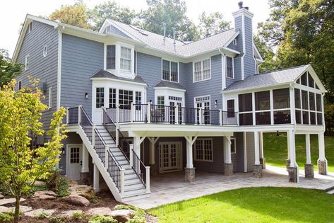 Composite Deck, Screened Porch, Underdeck Drainage and Patio - Contemporary - Porch - DC Metro - by Deckscapes of VA, LLC | Houzz Deck Screened Porch, Walkout Basement Patio, White Pines, Concrete Backyard, Deck Addition, Deck Remodel, Three Season Porch, Backyard Layout, Farmhouse Exterior Design