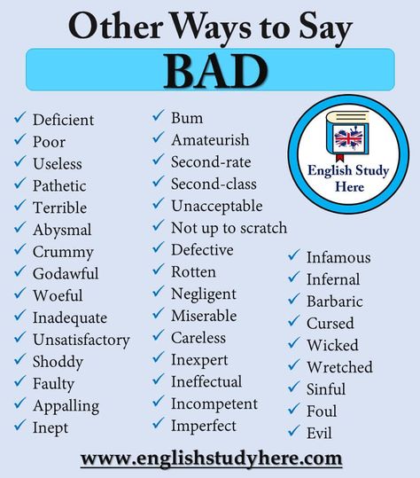 Other Ways to Say BAD in English - English Study Here Cursing Words In English, Evil Synonyms, Synonyms For Evil, English Bad Words, Bad Synonyms, Bad Words In English, Words For Bad, English Synonyms, Business Writing Skills