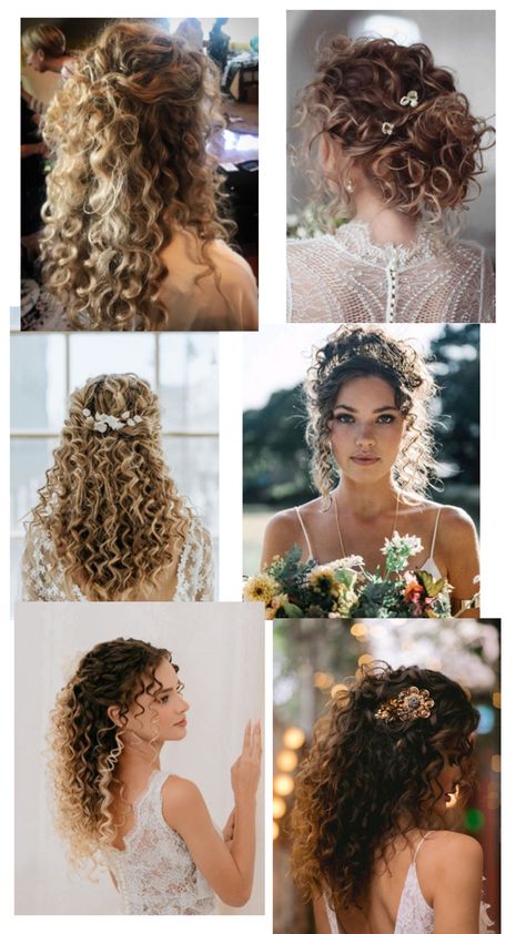 Curly Hairstyles With Pearls, Bridal Hair For Frizzy Hair, Curly Hair With Pearls Wedding, Curly Hair Bride Wedding Day, Natural Curly Wedding Hair With Veil, 3b Curly Wedding Hairstyles, Blonde Wedding Hair, Curly Blonde, Frizzy Hair