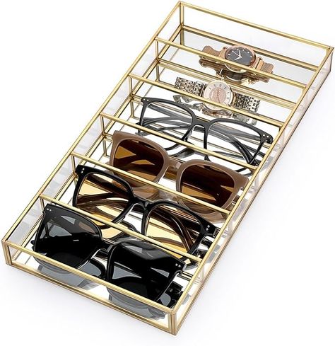 Amazon.com: Hipiwe Glass Sunglass Organizer Tray Eyewear Eyeglass Storage Display Case Gold Mirrored Jewelry Perfume Display Tray Vintage Gold Sunglass Storage Case for Drawer Dresser Closet, 6 Slots : Clothing, Shoes & Jewelry Vanity Styling Bedroom, Jewelry Organization Aesthetic, Glasses Storage Ideas, Black And Gold Office, Sunglass Storage, Eyeglass Storage, Sunglass Organizer, Frame Jewelry Organizer, Glasses Organizer