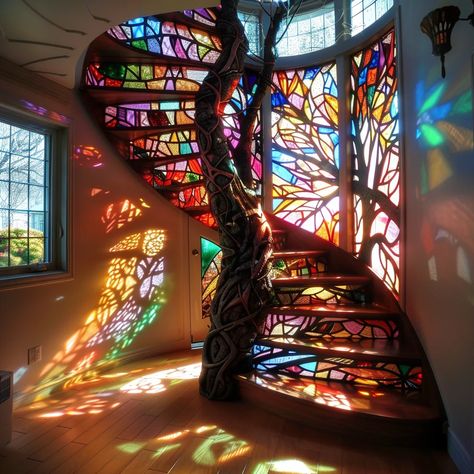 Amazing Staircases, Mezzanine Design, Stained Glass Tree, Main Doors, Architectural Sculpture, Dream Future, Magical Home, Glass Tree, Dream House Rooms