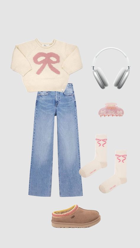 Bow Sweater Outfit, Silver Airpods, Sports Wallpaper, Bow Socks, Wide Leg Denim Jeans, Airpods Max, Bow Sweater, Future Clothes, Aesthetic Outfit Ideas