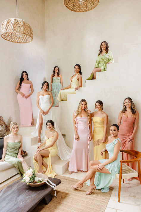 Mix and match your pastel bridesmaid dresses for a whimsical Tulum wedding look! 💐 Embrace individuality with mismatched pastel hues that complement the stunning beach backdrop. #TulumWedding #MismatchedBridesmaidDresses #PastelPerfection #MexicoWedding #GaliaLahav #GaliaLahavBride Summer Colors Bridesmaid Dresses, Pink And Green Bridesmaid Dresses, Pastel Wedding Guest Dress, Pastel Colour Bridesmaid Dresses, Bridesmaid Dresses Different Colors, Vestidos Color Pastel, Sayulita Wedding, Pastel Bridesmaids, Mix Match Bridesmaids